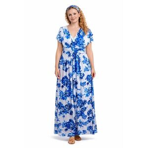 IMAN Blue White Floral Maxi Dress with Headband Petite Medium MP V-Neck Empire